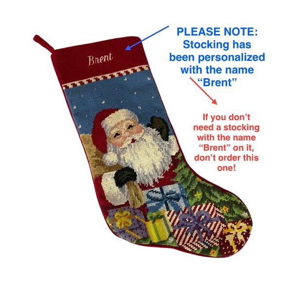 Personalized Christmas Stocking Embroidered BRENT by Lands End Needlepoint Santa - Picture 3 of 6